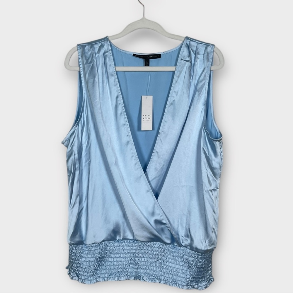 WHBM Satin Wrap Sleeveless Top in Light Blue, sz L NWT